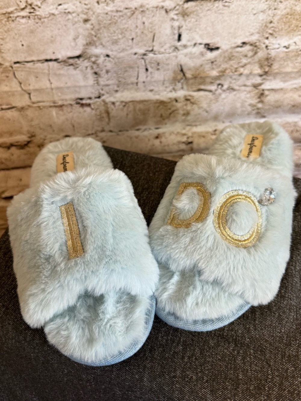 Baby Blue Faux Fur Slide Slippers with Gold Embellishment “I Do”